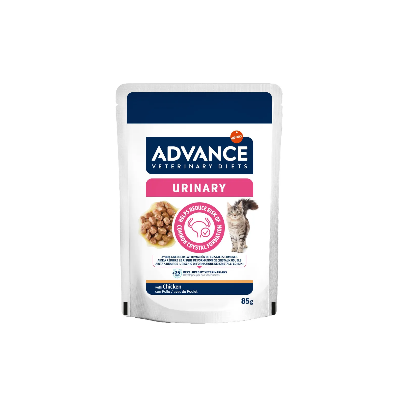 Plic de 85 g hrană umedă dietetică Advance Veterinary Diets Cat Urinary pentru pisici cu probleme urinare.