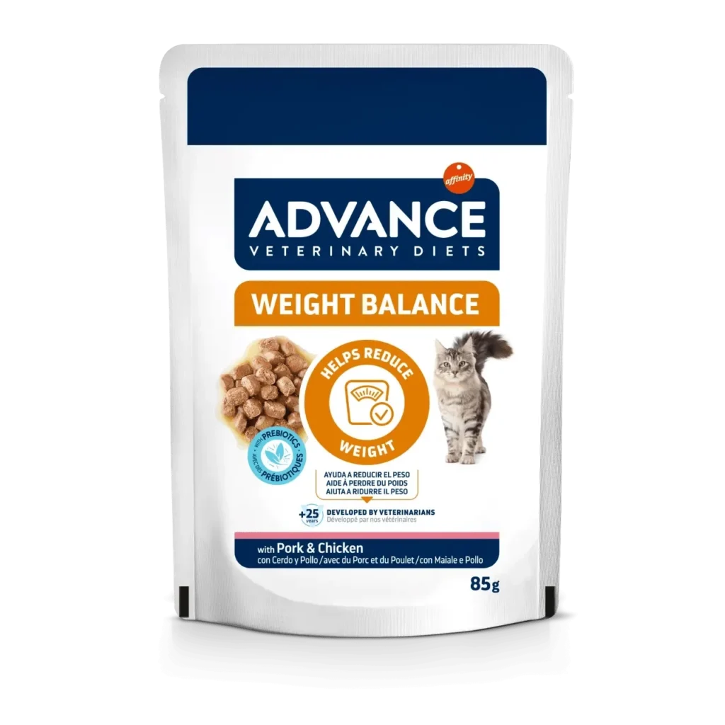 Plic de 85 g hrană umedă dietetică Advance Veterinary Diets Cat Weight Balance pentru pisici supraponderale.