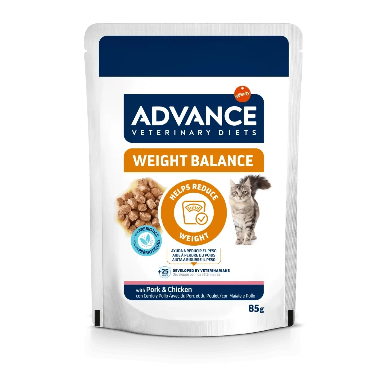 Plic de 85 g hrană umedă dietetică Advance Veterinary Diets Cat Weight Balance pentru pisici supraponderale.