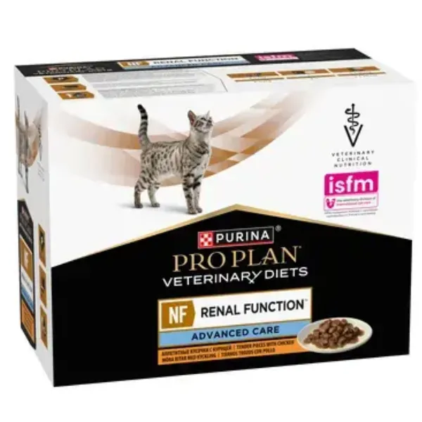 Cutie cu 10 plicuri de 85 g hrană umedă dietetică Purina Pro Plan Veterinary Diets NF Renal Function Advanced Care cu pui pentru pisici.