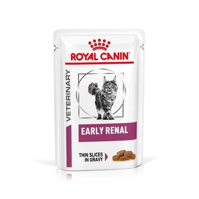 Plic de 85 g hrană umedă dietetică Royal Canin Early Renal în sos pentru sprijinirea rinichilor pisicii.