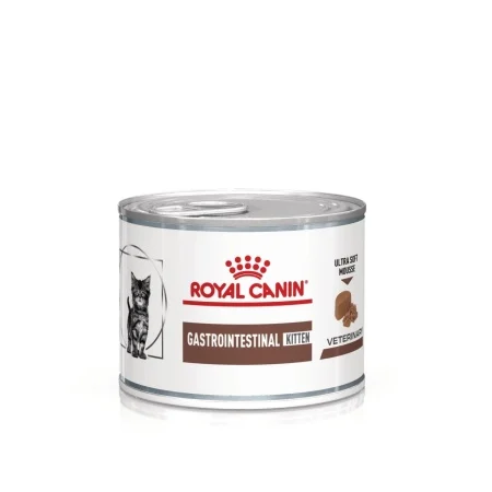 Conservă de 195 g hrană umedă dietetică Royal Canin Gastrointestinal Kitten mousse pentru pui de pisică cu sensibilitate digestivă.
