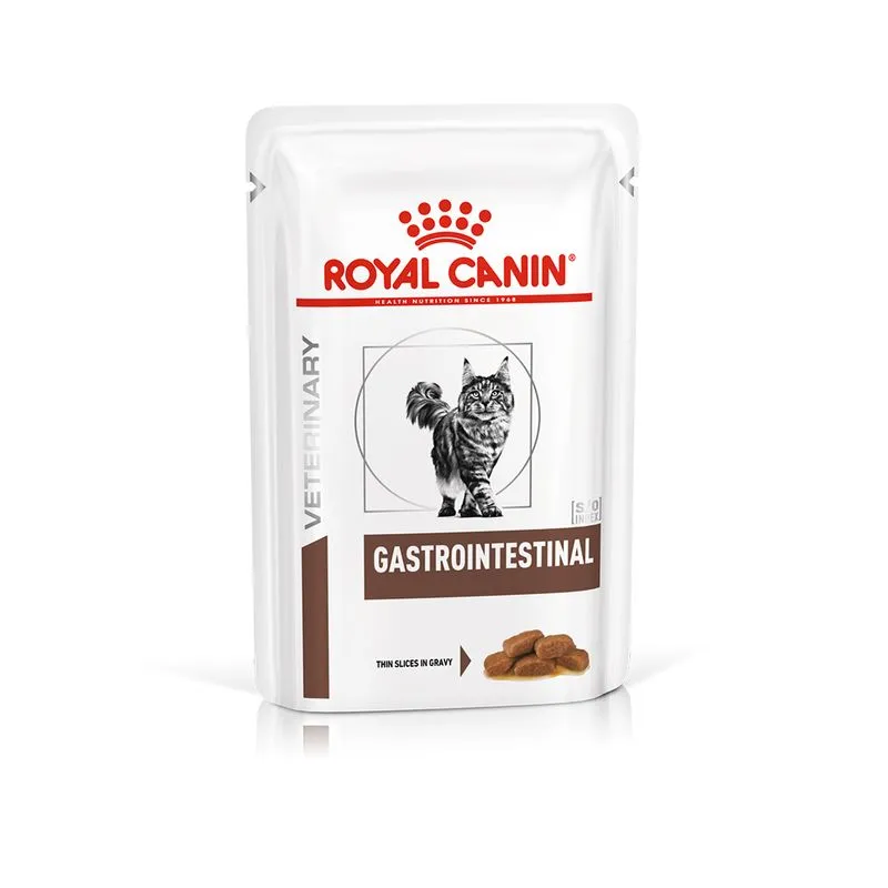 Plic de 85 g hrană umedă dietetică Royal Canin Gastrointestinal în sos pentru pisici cu sensibilitate digestivă.