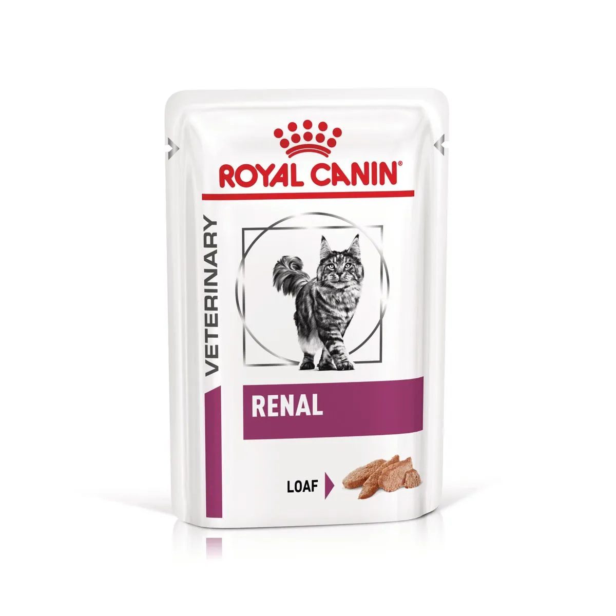 Plic de 85 g hrană umedă dietetică Royal Canin Renal Loaf (paté) pentru pisici adulte cu afecțiuni renale.