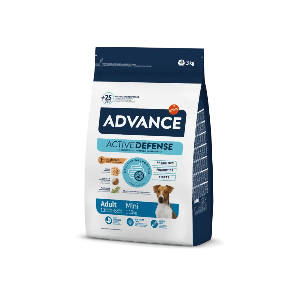 Sac de hrană uscată pentru câini Advance Dog Mini Adult cu pui și orez.