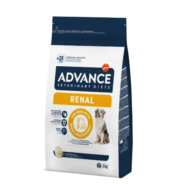 Sac de 3 kg hrană uscată dietetică Advance Veterinary Diets Renal pentru câini cu insuficiență renală.