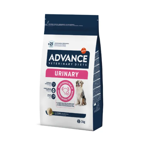 Sac de 3 kg hrană uscată dietetică Advance Veterinary Diets Urinary pentru câini cu probleme urinare.