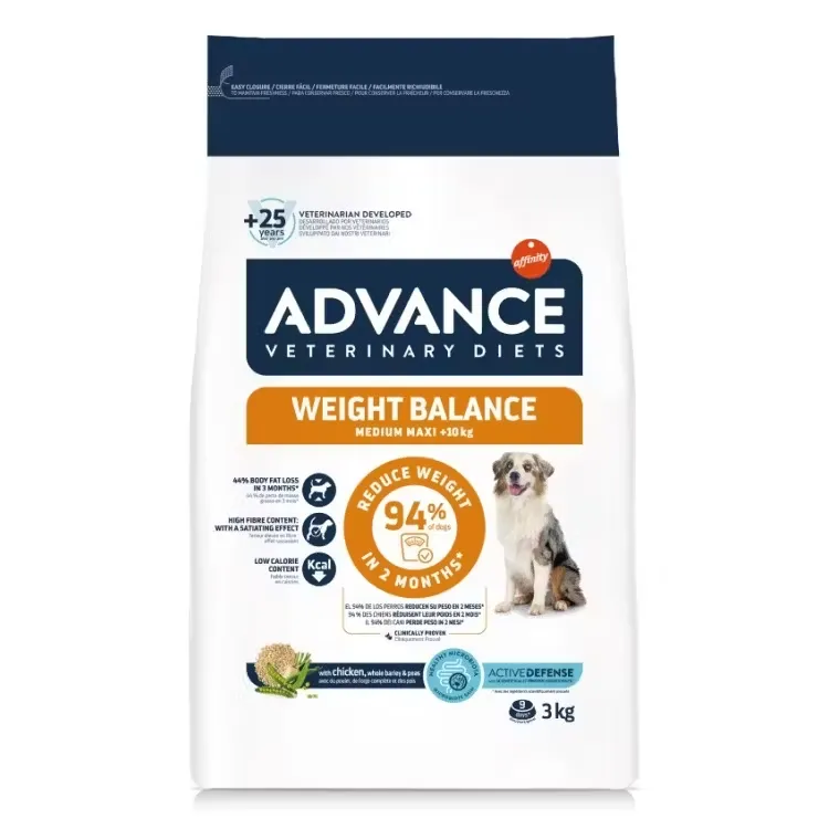 Sac de 3 kg hrană uscată dietetică Advance Veterinary Diets Weight Balance Medium/Maxi pentru câini supraponderali.