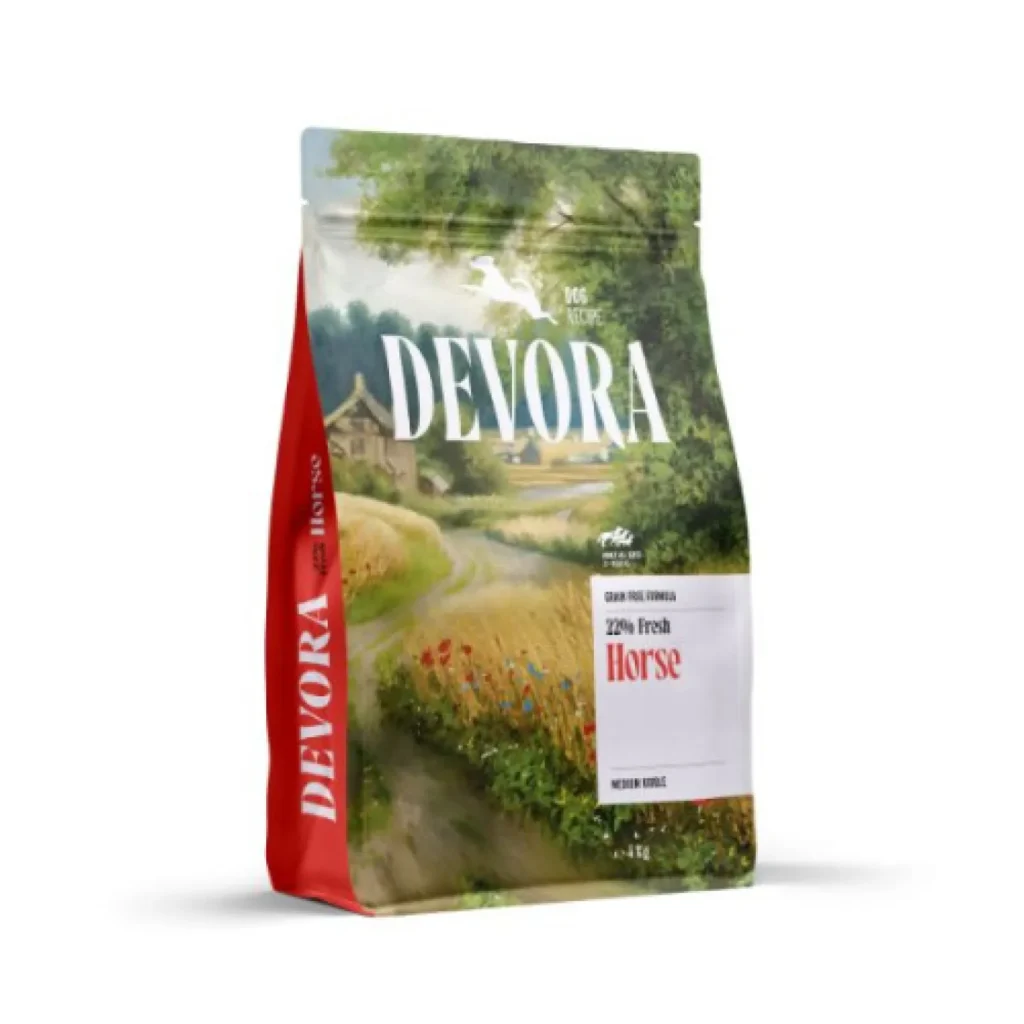 Sac de 4 kg de hrană uscată pentru câini Devora Adult All Sizes, formulă Grain Free și Monoprotein cu carne de cal.