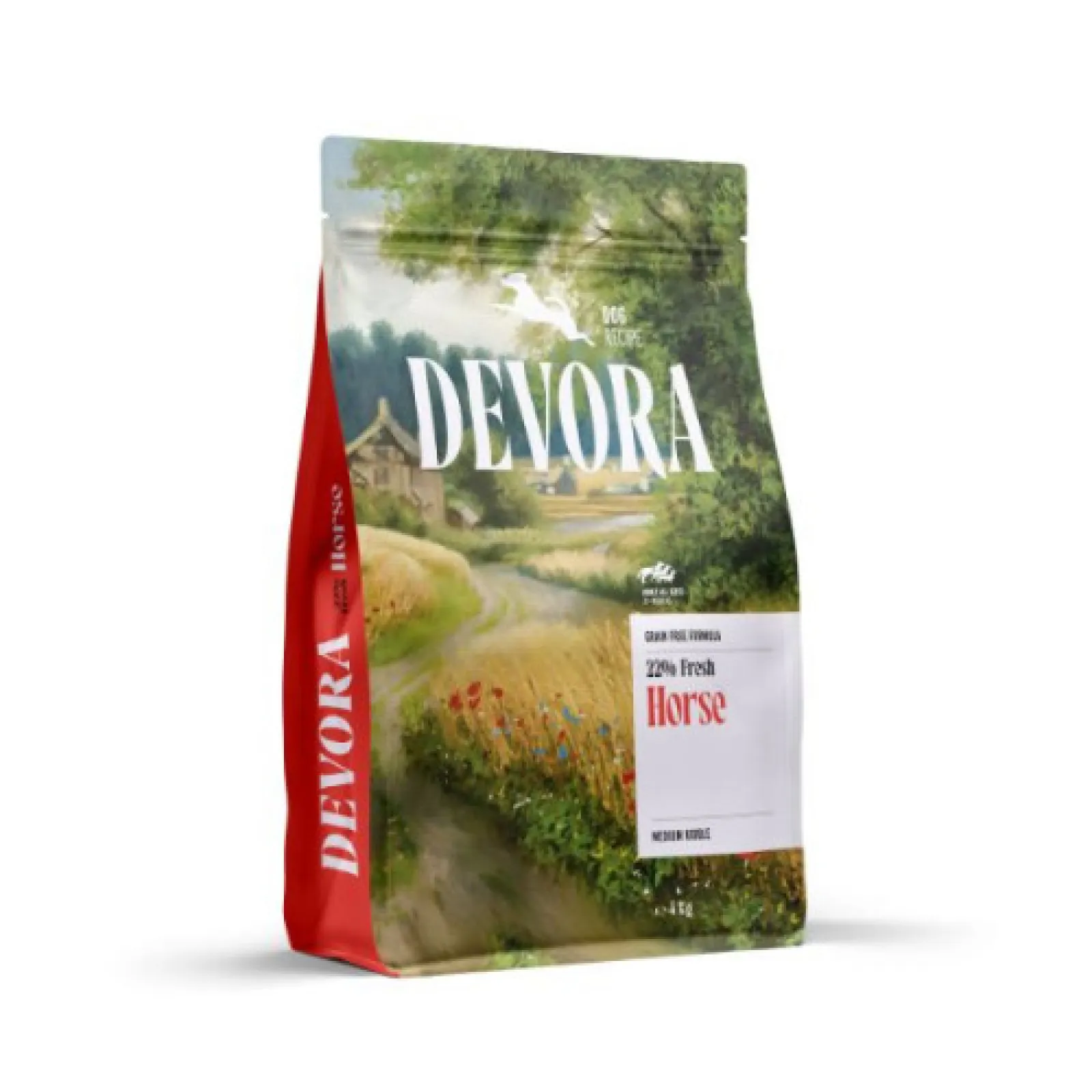 Sac de 4 kg de hrană uscată pentru câini Devora Adult All Sizes, formulă Grain Free și Monoprotein cu carne de cal.