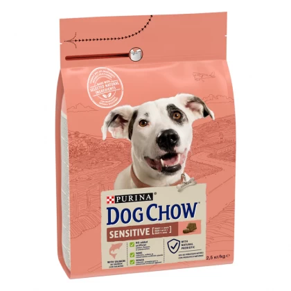 Sac de 2.5 kg hrană uscată pentru câini Purina Dog Chow Adult Sensitive cu somon și orez.