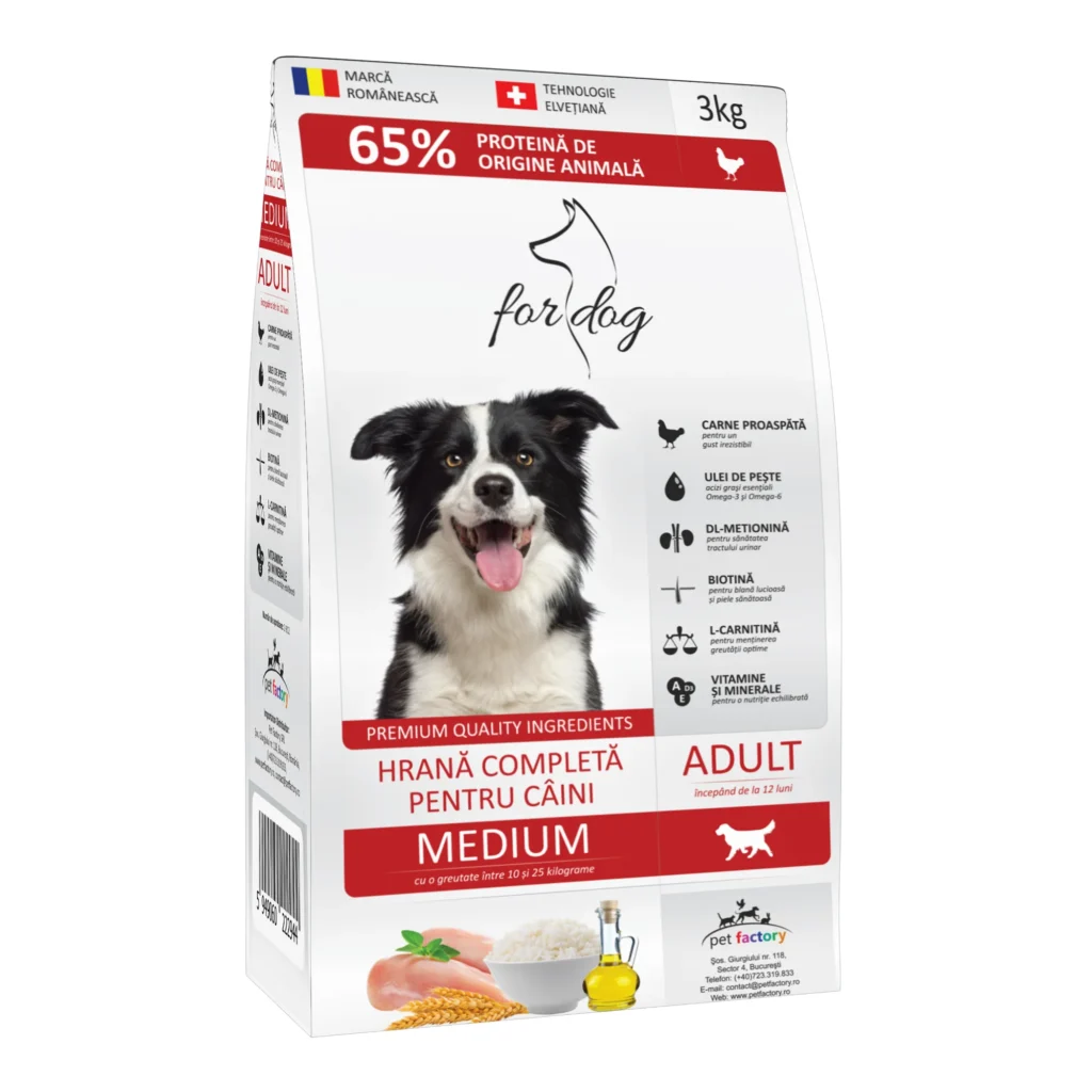 Sac de 3 kg hrană uscată pentru câini adulți For Dog Medium cu pui.