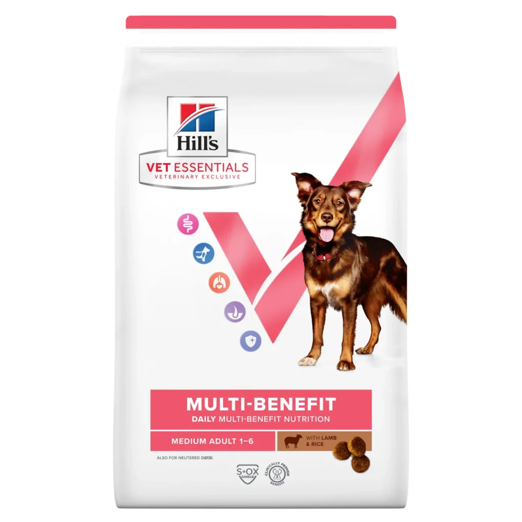 Sac de 2 kg hrană uscată Hill's Vet Essentials Multi-Benefit Adult Medium cu miel și orez pentru câini.