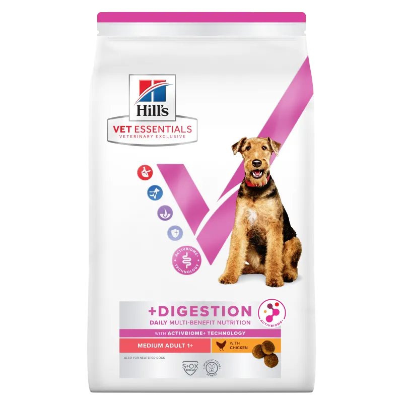 Sac de 2 kg hrană uscată Hill's Vet Essentials Multi-Benefit Digestion Adult Medium cu pui pentru câini.