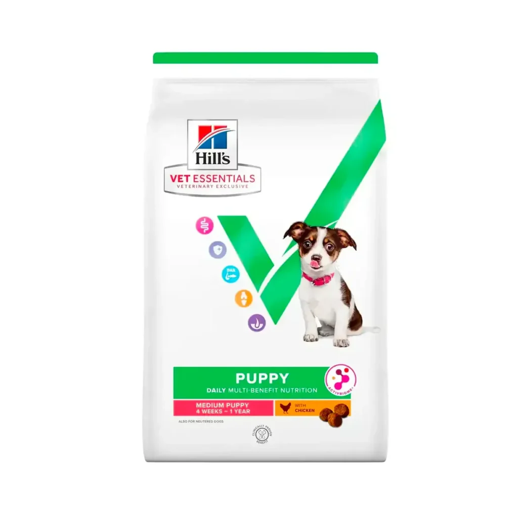Sac de hrană uscată pentru căței Hill's Vet Essentials Canine Medium Puppy Growth.