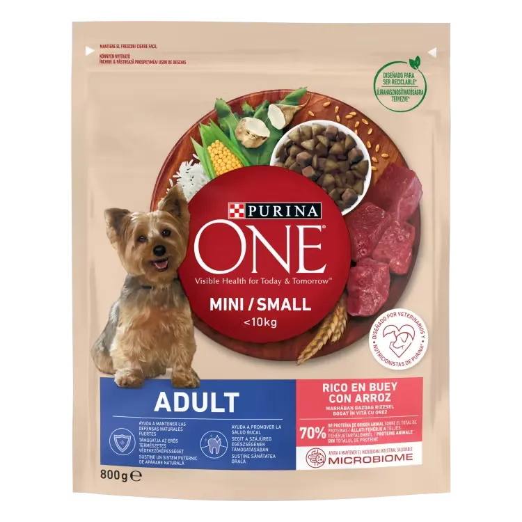 Pachet de 800 g hrană uscată pentru câini Purina One Mini Adult cu vită și orez.
