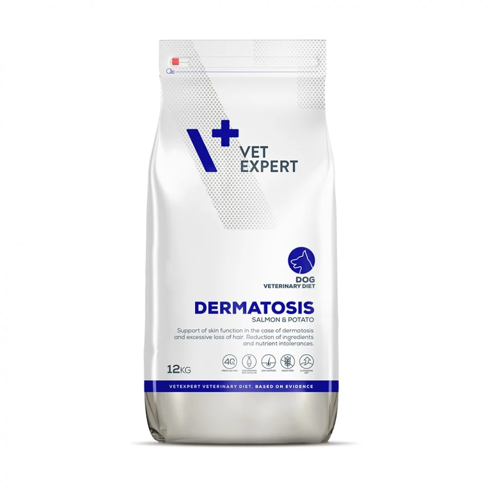 Sac de 12 kg de hrană uscată dietetică VetExpert Dermatosis Dog cu somon și cartofi, recomandată câinilor cu alergii alimentare și afecțiuni dermatologice.