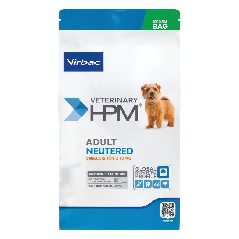 Sac de 3 kg hrană uscată Virbac Veterinary HPM Adult Neutered Small & Toy pentru câini de talie mică sterilizați.
