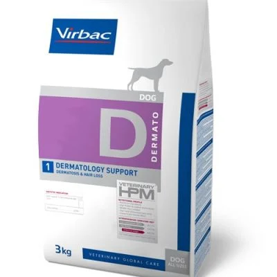 Sac de 3 kg hrană uscată dietetică Virbac Veterinary HPM Dermatology Support D1 pentru câini cu sensibilități cutanate.