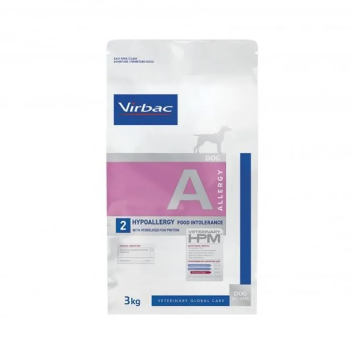 Sac de 3 kg hrană uscată dietetică Virbac Veterinary HPM Hypoallergy A2 pentru câini cu alergii și intoleranțe alimentare.