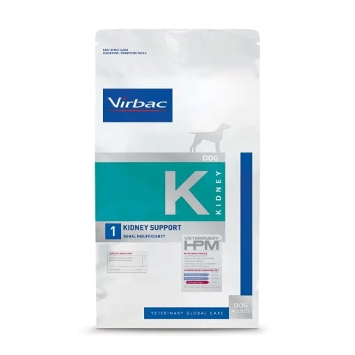 Sac de 3 kg hrană uscată dietetică Virbac Veterinary HPM Kidney Support K1 pentru câini cu insuficiență renală.