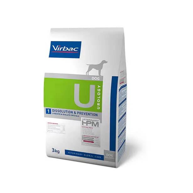 Sac de 3 kg hrană uscată dietetică Virbac Veterinary HPM Urology Dissolution & Prevention U1 pentru câini cu afecțiuni urinare.