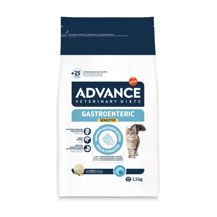 Sac de 1.5 kg hrană uscată dietetică Advance Veterinary Diets Gastroenteric Sensitive pentru pisici cu sensibilități digestive.