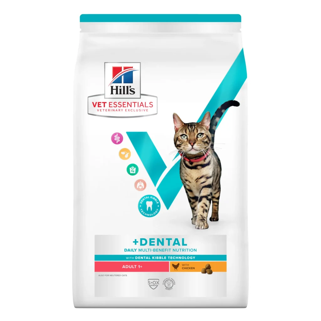 Sac de 1.5 kg hrană uscată Hill's Vet Essentials Feline Dental Adult cu pui pentru pisici.