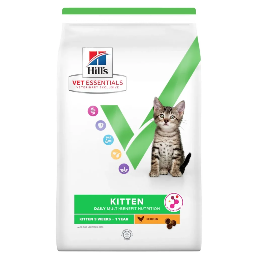 Sac de 3 kg hrană uscată Hill's Vet Essentials Multi-Benefit Kitten cu pui pentru pui de pisică.