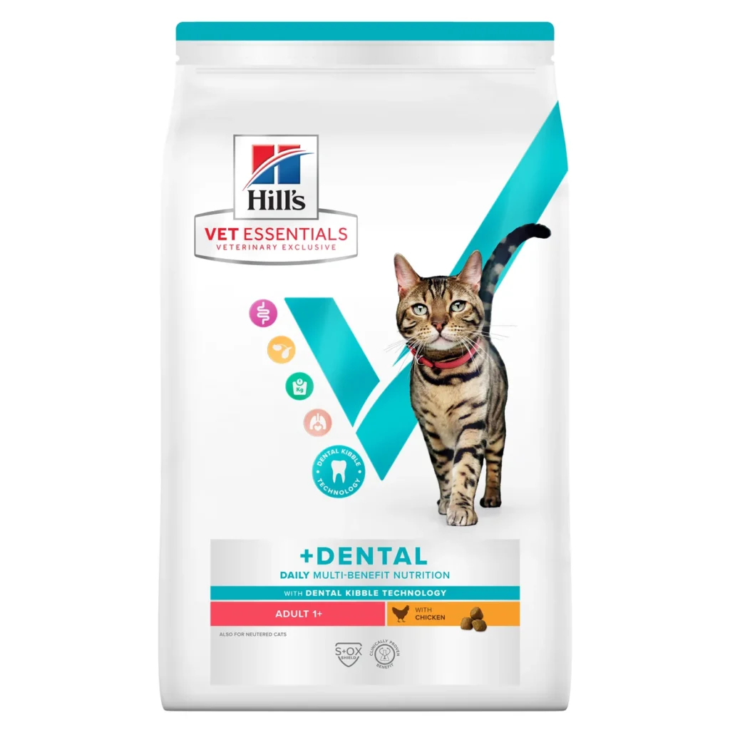Sac de 3 kg hrană uscată Hill's Vet Essentials Multi-Benefit Dental Adult cu pui pentru pisici.