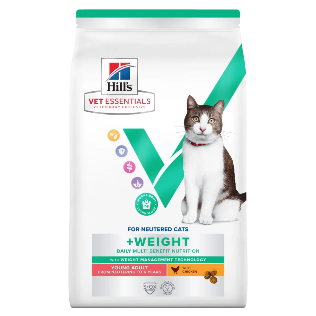 Sac de 3 kg hrană uscată pentru controlul greutății Hill's Vet Essentials Multi-Benefit Weight Adult cu pui pentru pisici.