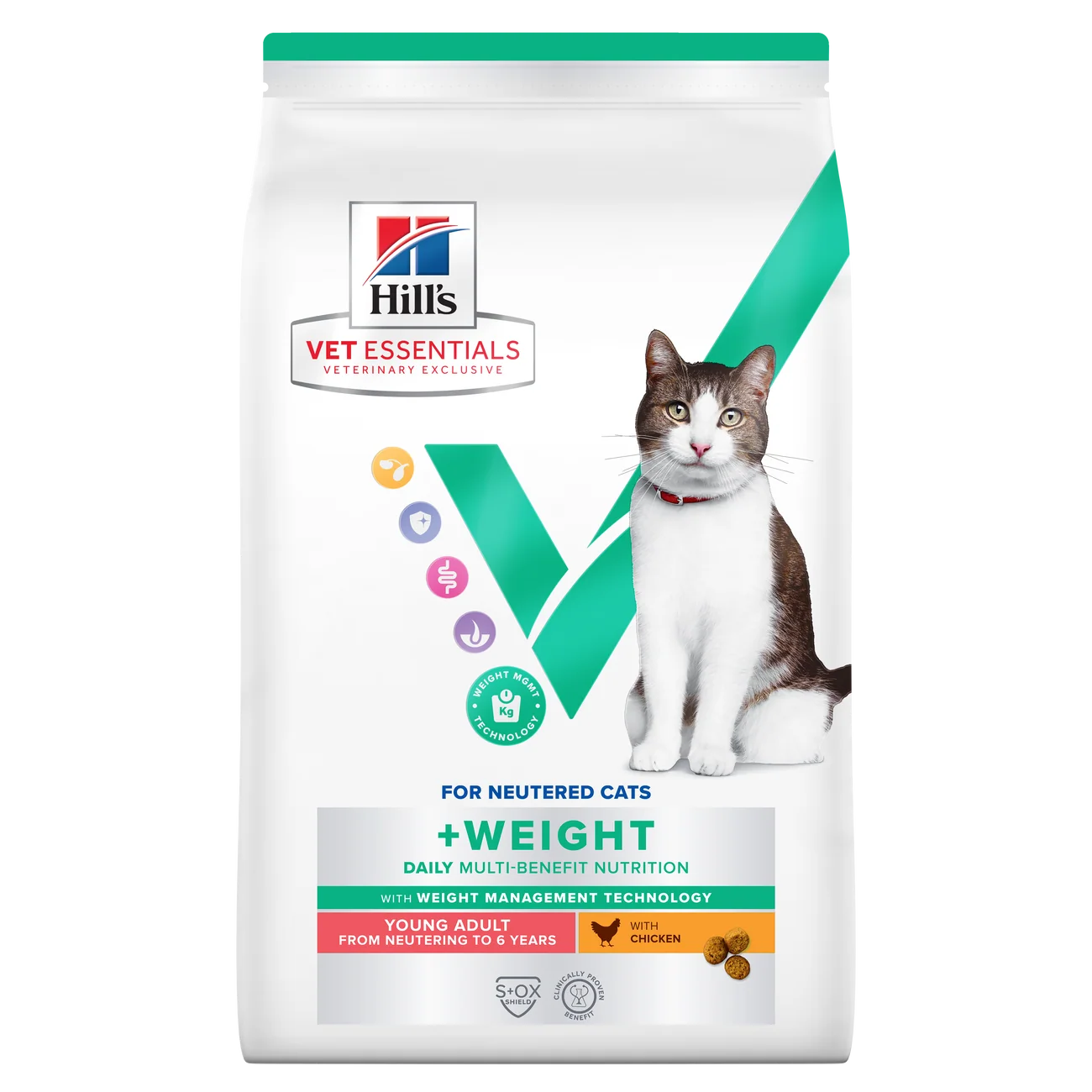 Sac de 3 kg hrană uscată pentru controlul greutății Hill's Vet Essentials Multi-Benefit Weight Adult cu pui pentru pisici.