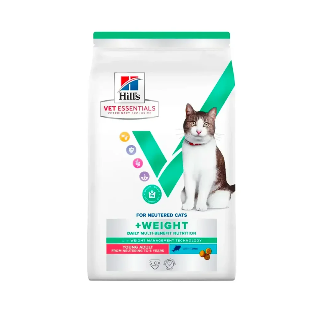 Sac de 1.5 kg hrană uscată Hill's Vet Essentials Neutered Young Adult cu ton pentru pisici sterilizate.
