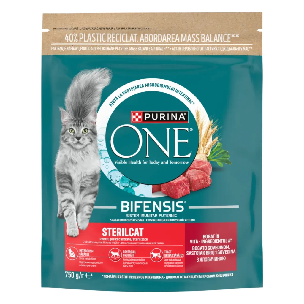 Sac de hrană uscată pentru pisici sterilizate Purina One Sterilcat cu vită și grâu.