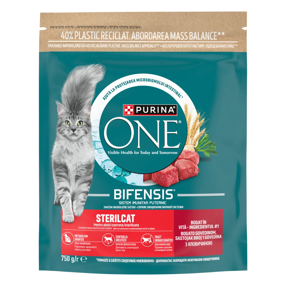 Sac de hrană uscată pentru pisici sterilizate Purina One Sterilcat cu vită și grâu.