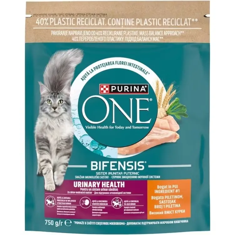 Pachet de 750 g hrană uscată pentru pisici Purina One Urinary Health cu pui și grâu.