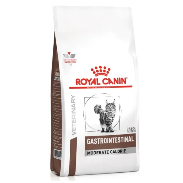 Sac de 4 kg hrană uscată dietetică Royal Canin Gastrointestinal Moderate Calorie pentru pisici cu sensibilități digestive.