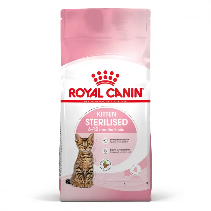 Sac de 2 kg hrană uscată Royal Canin Kitten Sterilised pentru pui de pisică sterilizați cu vârsta între 6 și 12 luni.