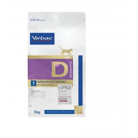 Sac de 3 kg hrană uscată dietetică Virbac Veterinary HPM Dermatology Support D1 pentru pisici cu sensibilități cutanate.