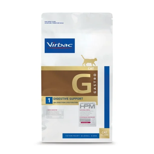 Sac de 1.5 kg hrană uscată dietetică Virbac Veterinary HPM Digestive Support G1 pentru pisici cu sensibilități digestive.