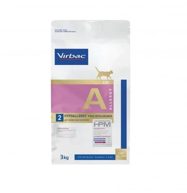 Sac de 3 kg hrană uscată dietetică Virbac Veterinary HPM Hypoallergy pentru pisici cu alergii și intoleranțe alimentare.