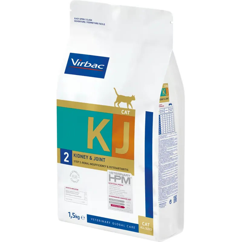 Sac de 1.5 kg hrană uscată dietetică Virbac Veterinary HPM Kidney & Joint Support KJ2 pentru pisici senioare cu afecțiuni renale și articulare.