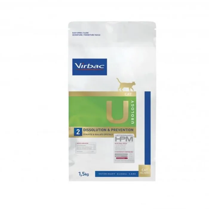 Sac de 1.5 kg hrană uscată dietetică Virbac Veterinary HPM Urology Dissolution & Prevention U2 pentru pisici cu sensibilități urinare.