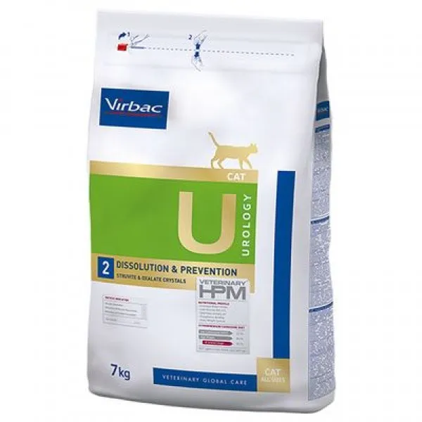 Sac de 7 kg hrană uscată dietetică Virbac Veterinary HPM Urology Dissolution & Prevention U2 pentru pisici cu sensibilități urinare.