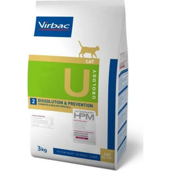 Sac de 3 kg hrană uscată dietetică Virbac Veterinary HPM Urology Prevention U2 pentru pisici cu sensibilități urinare.