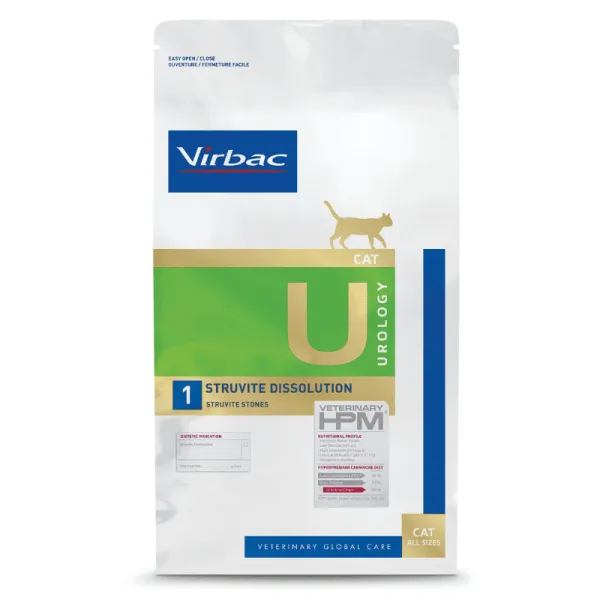 Sac de 1.5 kg hrană uscată dietetică Virbac Veterinary HPM Urology Struvite Dissolution U1 pentru pisici cu calculi de struvit.