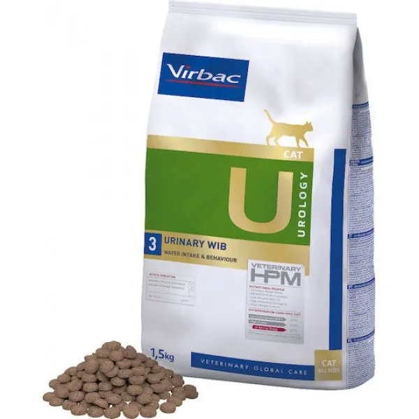 Sac de 1.5 kg hrană uscată dietetică Virbac Veterinary HPM Urology WIB pentru pisici cu cistită idiopatică declanșată de stres.