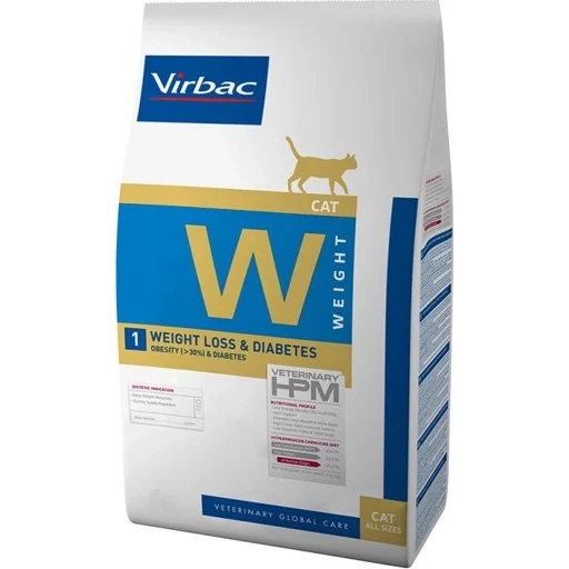 Sac de 1.5 kg hrană uscată dietetică Virbac Veterinary HPM Weight Loss & Diabetes W1 pentru pisici supraponderale sau diabetice.