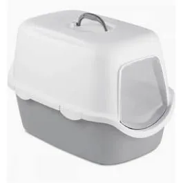 Litieră acoperită pentru pisici Stefanplast Cathy de 56x40x40 cm în nuanță gri cu ușă batantă.