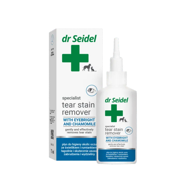 Flacon de 75 ml de loțiune Dr. Seidel cu extract de silur și ceai verde, pentru igiena și curățarea ochilor la câini și pisici.